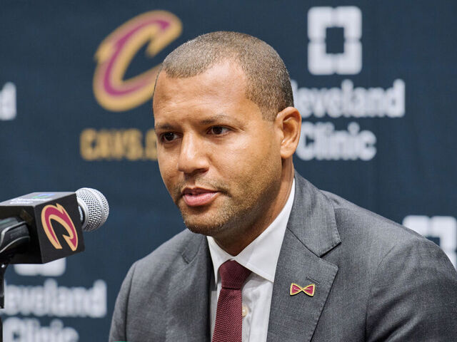 CLEVELAND, OHIO - OCTOBER 02: General manager Koby Altman of the Cleveland Cavaliers is interviewed during media day at Rocket Mortgage Fieldhouse on October 02, 2023 in Cleveland, Ohio.