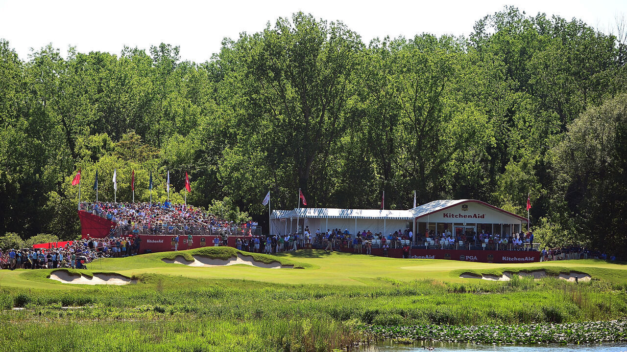 BENTON HARBOR, MI - MAY 29: A general view of the 18th hole during the final round of the 2016 Senior PGA Championship presented by KitchenAid at the Golf Club at Harbor Shores on May 29, 2016 in Benton Harbor, Michigan.