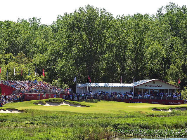 BENTON HARBOR, MI - MAY 29: A general view of the 18th hole during the final round of the 2016 Senior PGA Championship presented by KitchenAid at the Golf Club at Harbor Shores on May 29, 2016 in Benton Harbor, Michigan.