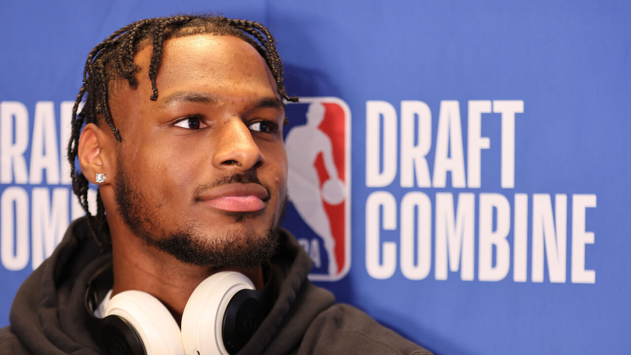 CHICAGO, IL - MAY 14: Bronny James talks to the media during the 2024 NBA Combine on May 14, 2024 at Wintrust Arena in Chicago, Illinois. Mandatory Copyright Notice: Copyright 2024 NBAE