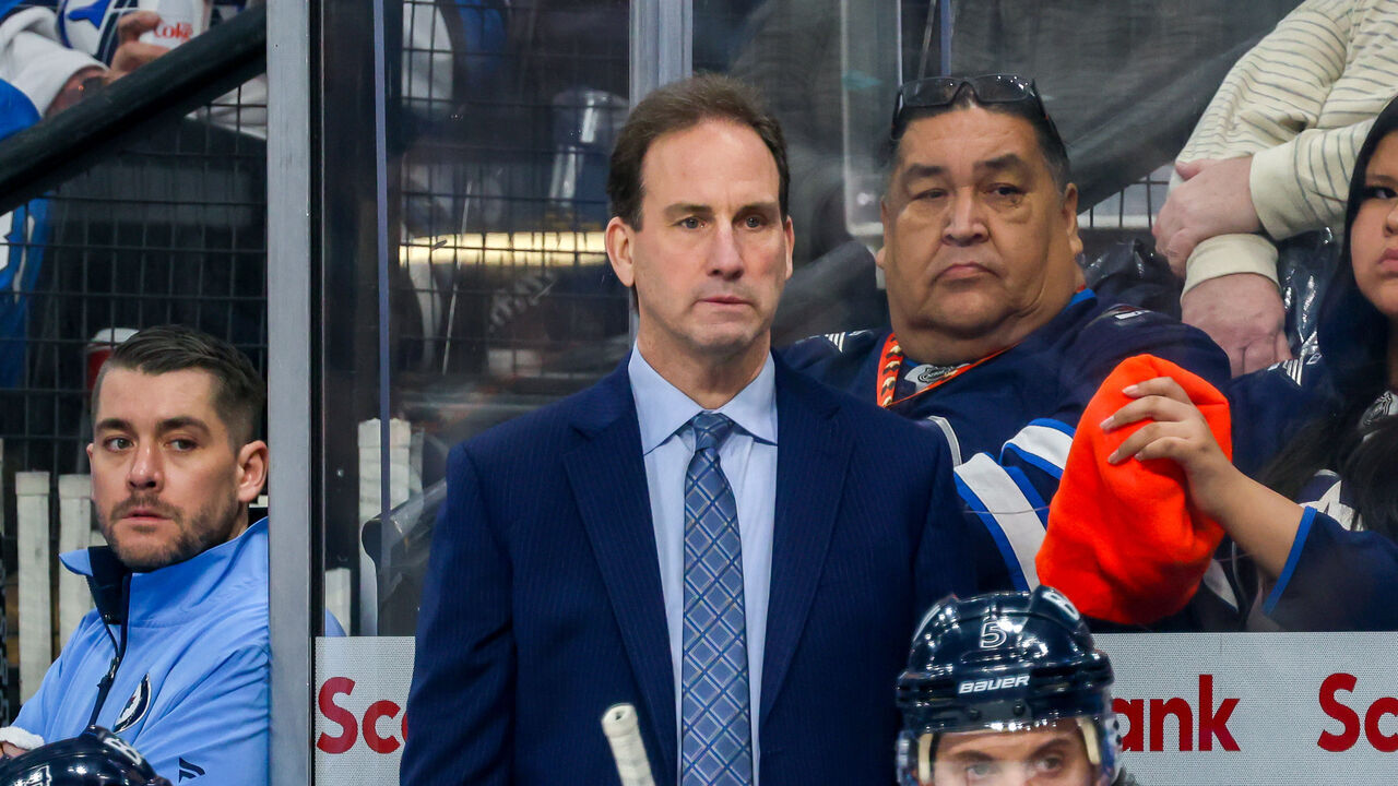 WINNIPEG, CANADA - APRIL 01: Associate coach Scott Arniel of the Winnipeg Jets looks on from the bench during first period action against the Los Angeles Kings at Canada Life Centre on April 01, 2024 in Winnipeg, Manitoba, Canada.