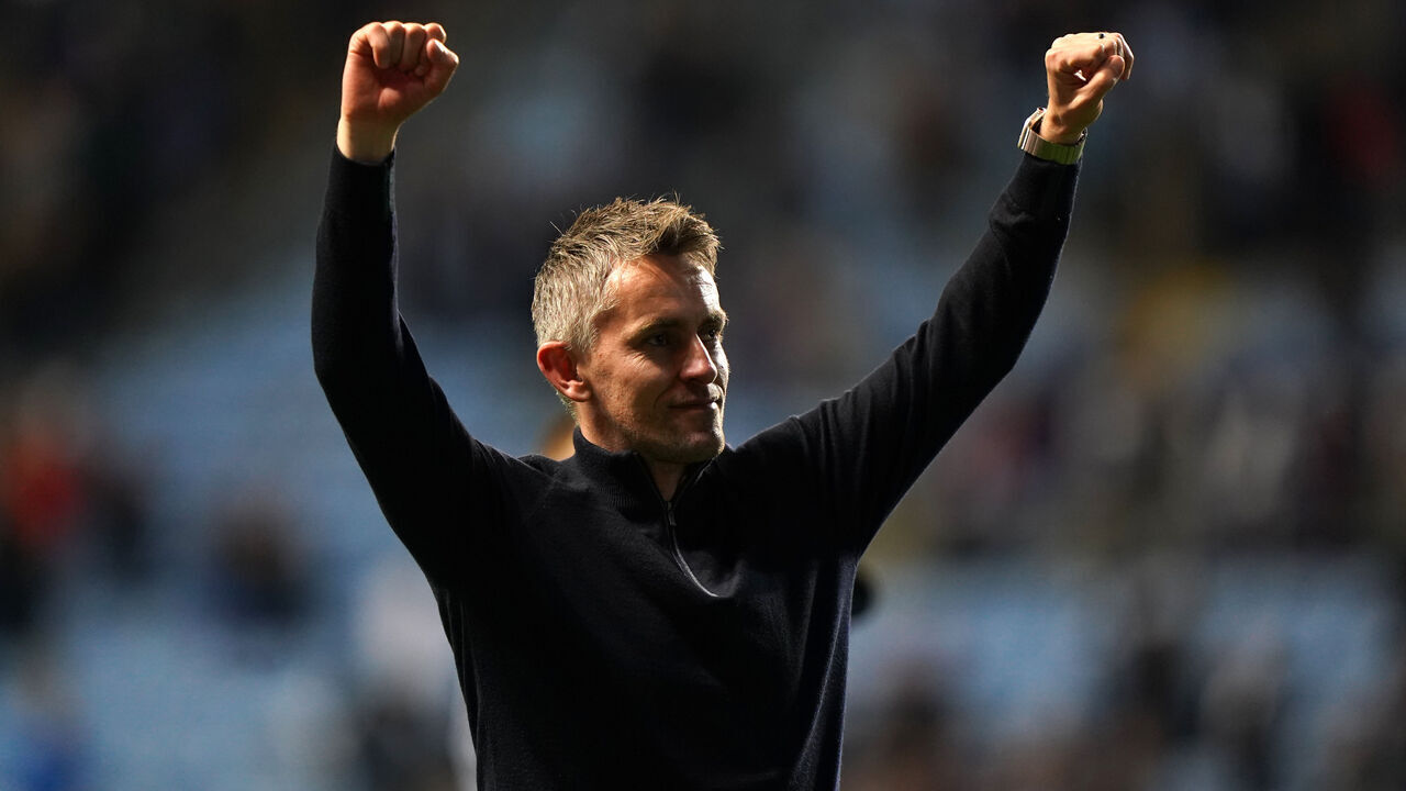 Ipswich Town manager Kieran McKenna celebrates following the Sky Bet Championship match at the Coventry Building Society Arena, Coventry. Picture date: Tuesday April 30, 2024.