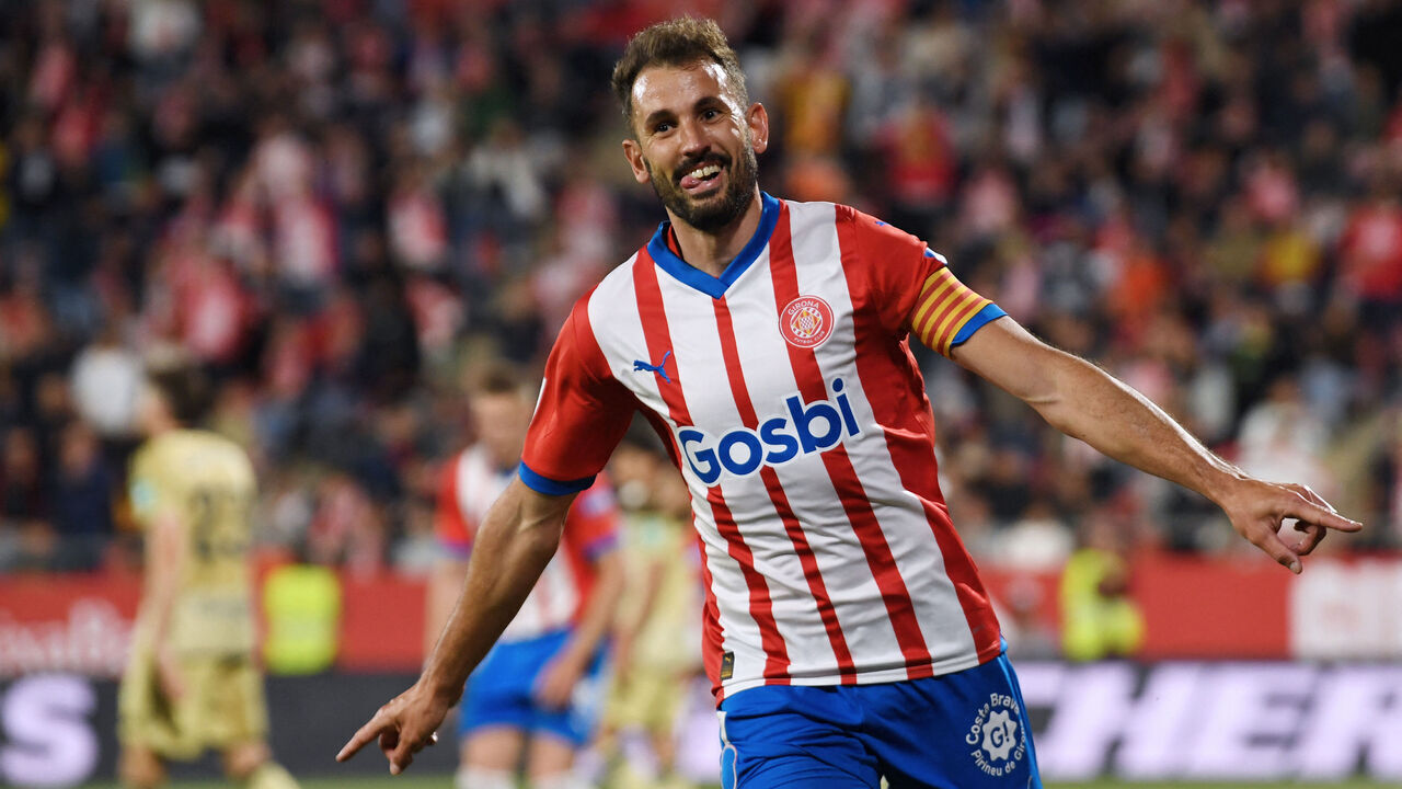 Girona's Uruguayan forward #07 Cristhian Stuani celebrates scoring his team's sixth goal during the Spanish league football match between Girona FC and Granada FC at the Montilivi stadium in Girona on May 24, 2024.
