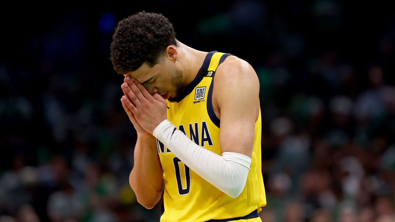 BOSTON, MASSACHUSETTS - MAY 21: Tyrese Haliburton #0 of the Indiana Pacers reacts during the fourth quarter against the Boston Celtics in Game One of the Eastern Conference Finals at TD Garden on May 21, 2024 in Boston, Massachusetts.