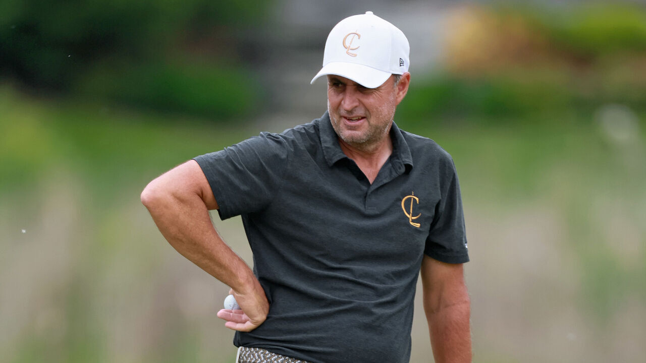 Richard Bland of England waits on the 18th green during the second round of the KitchenAid Senior PGA Championship at Harbor Shores Resort in Benton Harbor, Michigan, USA, on Friday, May 24,2024.