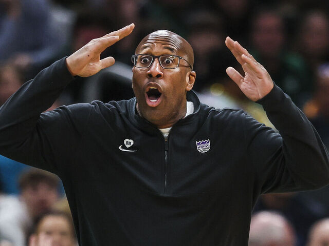 Boston, MA - April 5: Sacramento Head Coach Mike Brown reacts to a call in the second half.