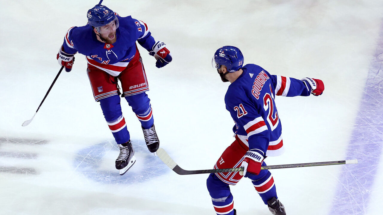 NEW YORK, NY - MAY 24: Barclay Goodrow #21 and Alexis Lafreniere #13 of the New York Rangers celebrate a goal to win during overtime against the Florida Panthers in Game Two of the Eastern Conference Final of the 2024 Stanley Cup Playoffs at Madison Square Garden on May 24, 2024 in New York City.