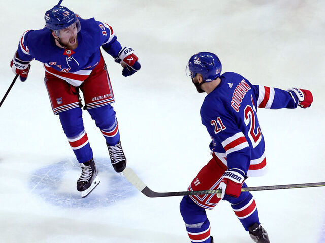 NEW YORK, NY - MAY 24: Barclay Goodrow #21 and Alexis Lafreniere #13 of the New York Rangers celebrate a goal to win during overtime against the Florida Panthers in Game Two of the Eastern Conference Final of the 2024 Stanley Cup Playoffs at Madison Square Garden on May 24, 2024 in New York City.