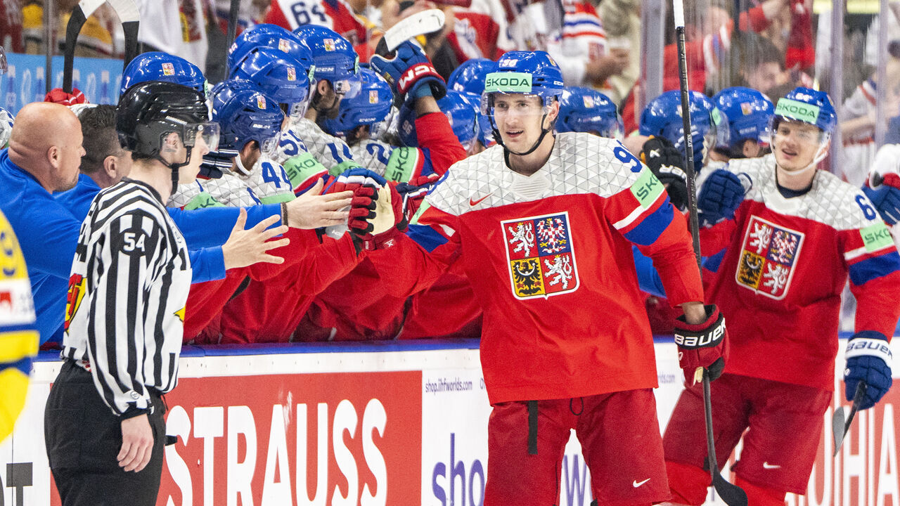 PRAGUE, CZECH REPUBLIC - MAY 25: Martin Necas of Czechia celebrates his goal during the 2024 IIHF Ice Hockey World Championship Czechia Semifinal match between Sweden and Czech Republic at Prague Arena on May 25, 2024 in Prague, Czech Republic.