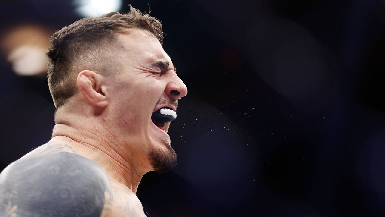 NEW YORK, NEW YORK - NOVEMBER 11: Tom Aspinall of England reacts after his knockout victory against Sergei Pavlovich of Russia in the interim UFC heavyweight championship fight during the UFC 295 event at Madison Square Garden on November 11, 2023 in New York City.