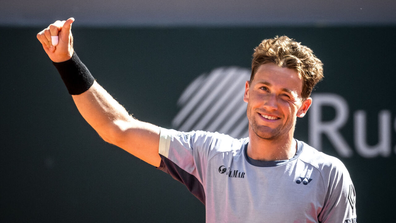 Norway's Casper Ruud reacts after winning the final match against Czech Republic's Tomas Machac at the ATP 250 Geneva Open tennis tournament in Geneva on May 25, 2024.