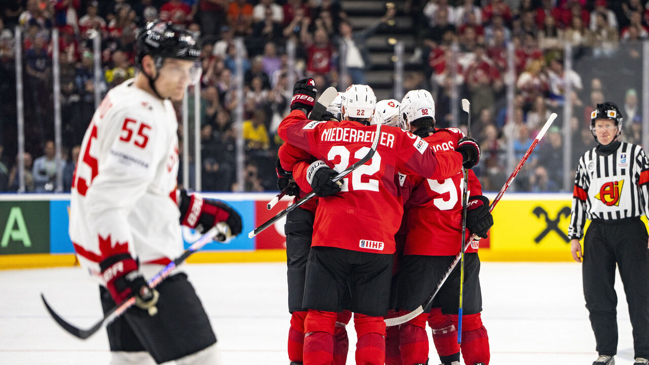 PRAGUE, CZECH REPUBLIC - MAY 25:Kevin Fiala of Switzerland celebrated for his goal during the 2024 IIHF Ice Hockey World Championship Czechia Semifinal match between Canada and Switzerland at Prague Arena on May 25, 2024 in Prague, Czech Republic.