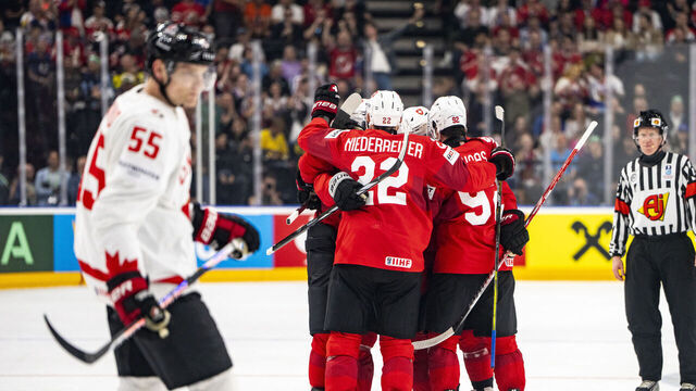 PRAGUE, CZECH REPUBLIC - MAY 25:Kevin Fiala of Switzerland celebrated for his goal during the 2024 IIHF Ice Hockey World Championship Czechia Semifinal match between Canada and Switzerland at Prague Arena on May 25, 2024 in Prague, Czech Republic.