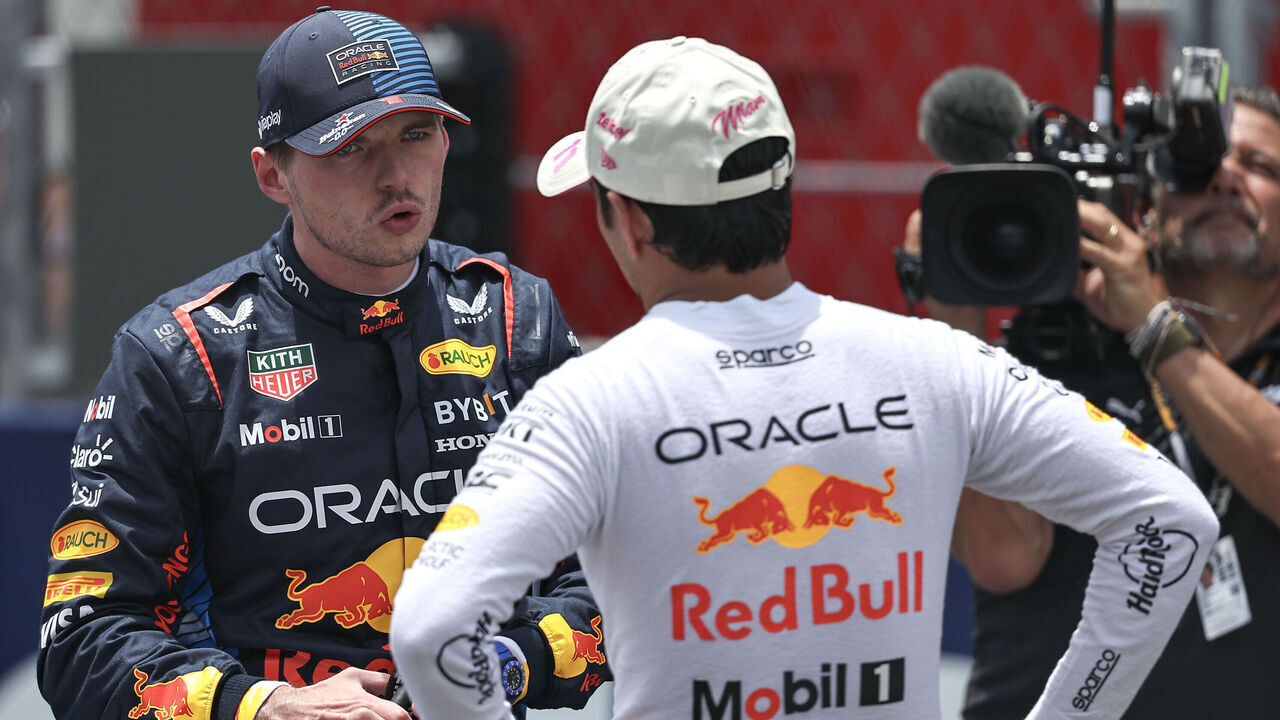 MIAMI, FLORIDA - MAY 4: Max Verstappen of the Netherlands and Oracle Red Bull Racing and Sergio Perez of Mexico and Oracle Red Bull Racing in parc feme during the Sprint ahead of the F1 Grand Prix of Miami at Miami International Autodrome on May 4, 2024 in Miami, United States.