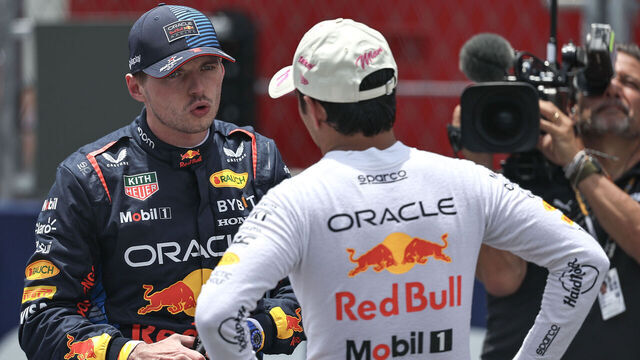 MIAMI, FLORIDA - MAY 4: Max Verstappen of the Netherlands and Oracle Red Bull Racing and Sergio Perez of Mexico and Oracle Red Bull Racing in parc feme during the Sprint ahead of the F1 Grand Prix of Miami at Miami International Autodrome on May 4, 2024 in Miami, United States.