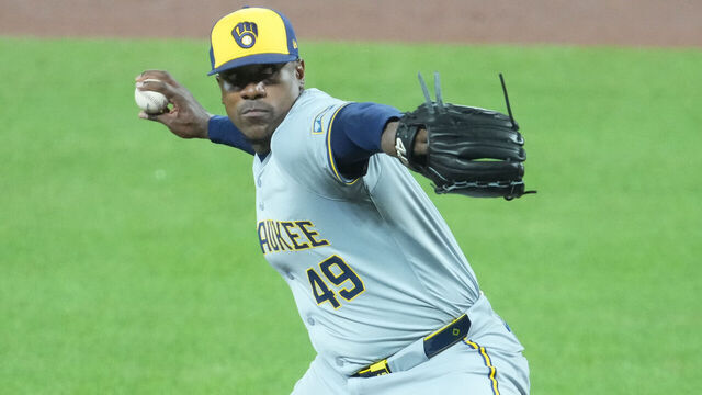 BALTIMORE, MARYLAND - APRIL 12: Thyago Vieira #49 of the Milwaukee Brewers pitches during a baseball game against the Baltimore Orioles at Oriole Park at Camden Yards on April 12, 2024 in Baltimore, Maryland.
