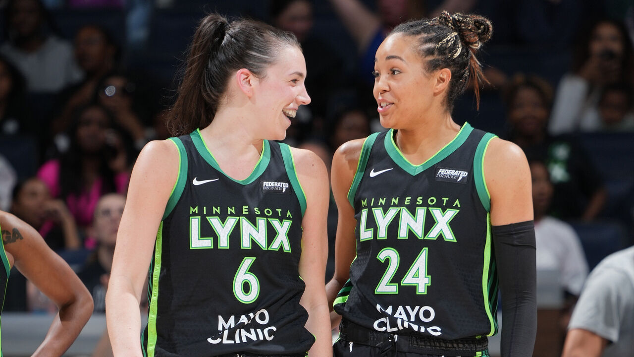 MINNEAPOLIS, MN - MAY 25: Bridget Carleton #6 and Napheesa Collier #24 of the Minnesota Lynx smile during the game against the New York Liberty on May 25, 2024 at Target Center in Minneapolis, Minnesota. Mandatory Copyright Notice: Copyright 2024 NBAE
