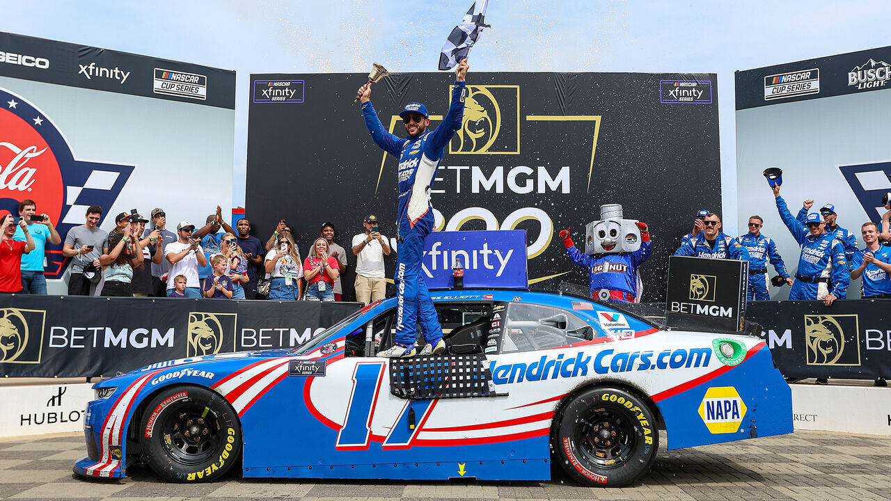 CONCORD, NORTH CAROLINA - MAY 25: Chase Elliott, driver of the #17 HendrickCars.com Chevrolet, celebrates in victory lane after winning the NASCAR Xfinity Series BetMGM 300 at Charlotte Motor Speedway on May 25, 2024 in Concord, North Carolina.