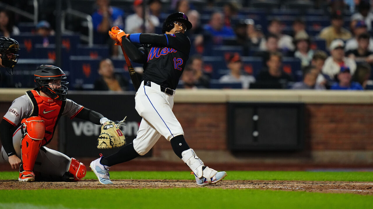 NEW YORK, NY - MAY 24: Francisco Lindor #12 of the New York Mets bats during the game between the San Francisco Giants and the New York Mets at Citi Field on Friday, May 24, 2024 in New York, New York.