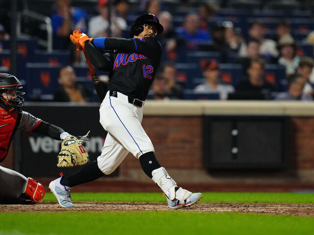 NEW YORK, NY - MAY 24: Francisco Lindor #12 of the New York Mets bats during the game between the San Francisco Giants and the New York Mets at Citi Field on Friday, May 24, 2024 in New York, New York.