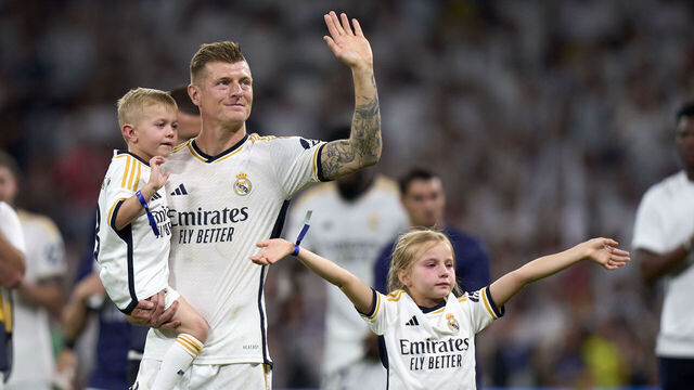 MADRID, SPAIN - MAY 25: Toni Kroos of Real Madrid CF thanks the fans after the game the LaLiga EA Sports match between Real Madrid CF and Real Betis at Estadio Santiago Bernabeu on May 25, 2024 in Madrid, Spain.