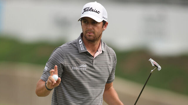 FORT WORTH, TEXAS - MAY 25: Davis Riley of the United States reacts on the 16th green during the third round of the Charles Schwab Challenge at Colonial Country Club on May 25, 2024 in Fort Worth, Texas.