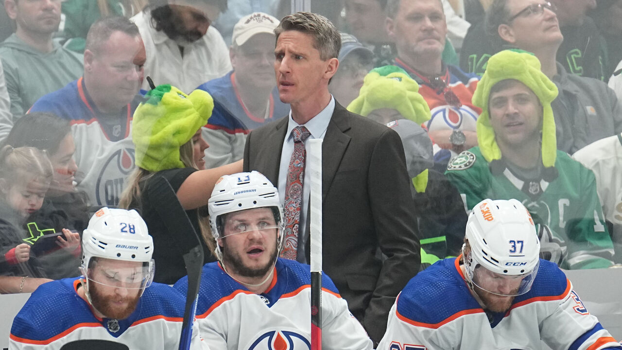 DALLAS, TX - MAY 25: Kris Knoblauch watches the action from behind the bench against the Dallas Stars at the American Airlines Center on May 25, 2024 in Dallas, Texas.