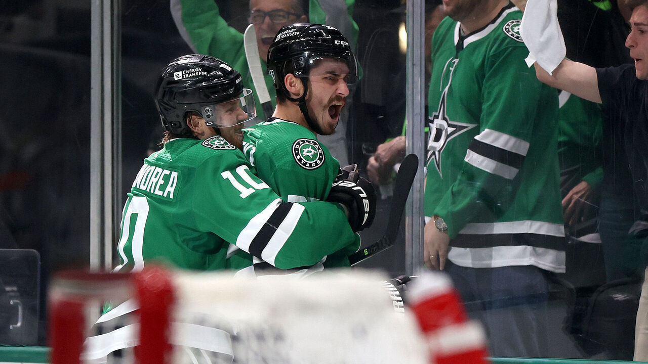 DALLAS, TEXAS - MAY 25: Mason Marchment #27 of the Dallas Stars celebrates with Ty Dellandrea #10 after scoring a goal on Stuart Skinner #74 of the Edmonton Oilers during the third period in Game Two of the Western Conference Final of the 2024 Stanley Cup Playoffs at American Airlines Center on May 25, 2024 in Dallas, Texas.