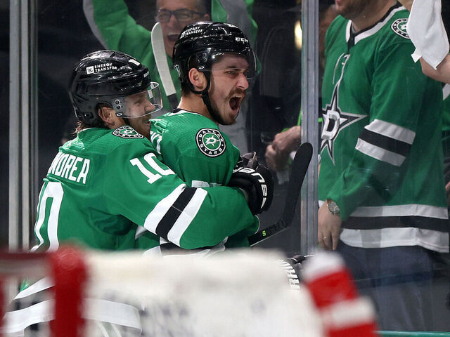 DALLAS, TEXAS - MAY 25: Mason Marchment #27 of the Dallas Stars celebrates with Ty Dellandrea #10 after scoring a goal on Stuart Skinner #74 of the Edmonton Oilers during the third period in Game Two of the Western Conference Final of the 2024 Stanley Cup Playoffs at American Airlines Center on May 25, 2024 in Dallas, Texas.