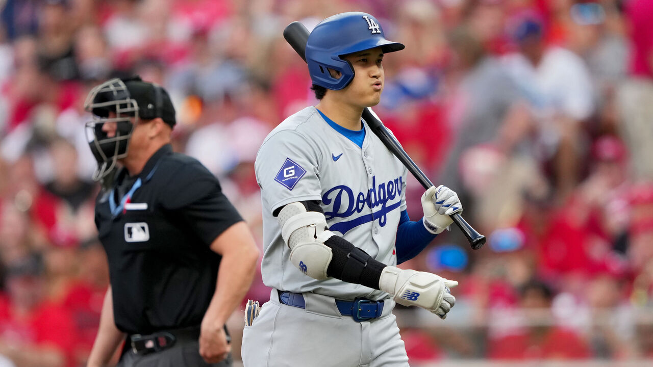 CINCINNATI, OHIO - MAY 25: Shohei Ohtani #17 of the Los Angeles Dodgers reacts after striking out in the first inning against the Cincinnati Reds at Great American Ball Park on May 25, 2024 in Cincinnati, Ohio.