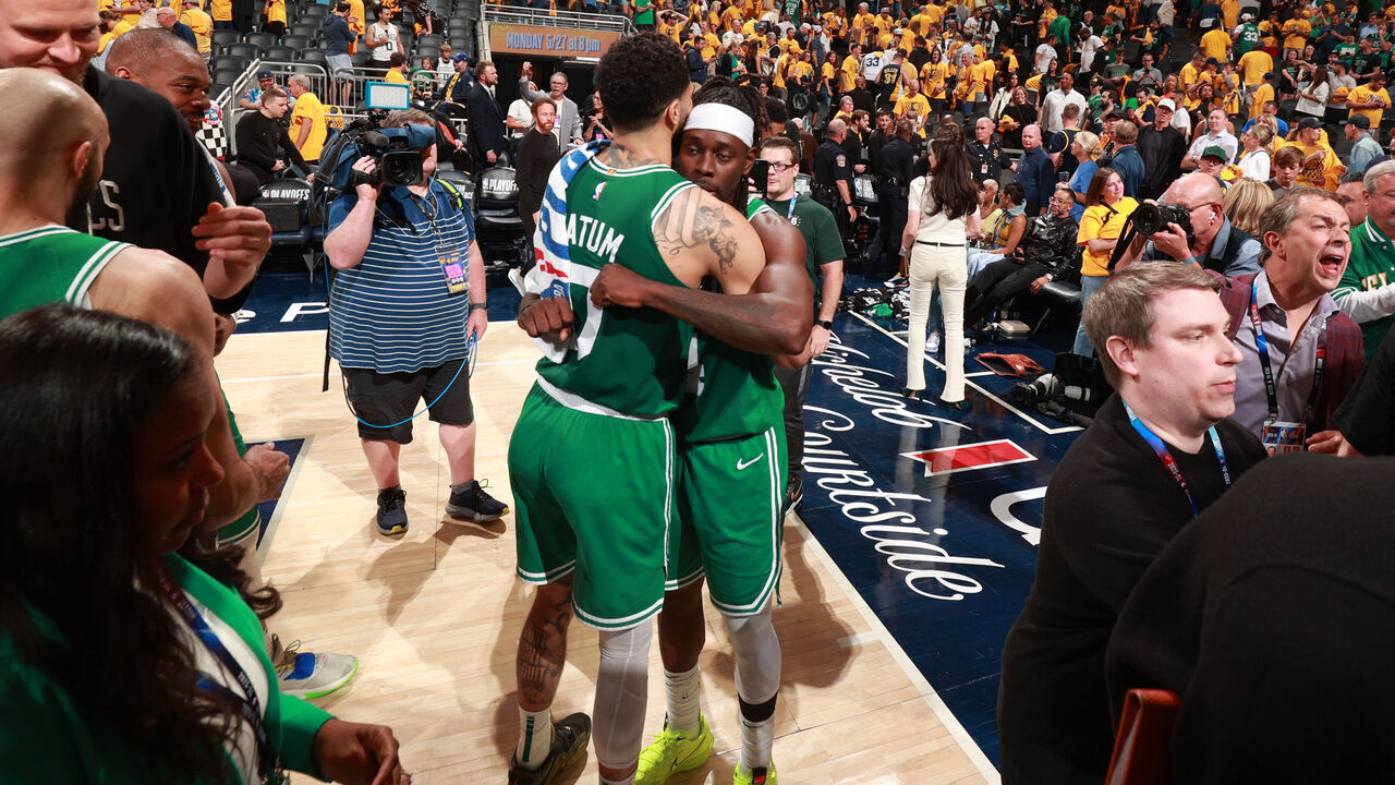 INDIANAPOLIS, IN - MAY 25: Jayson Tatum #0 and Jrue Holiday #4 of the Boston Celtics embrace after the game against the Indiana Pacers during Game 3 of the Eastern Conference Finals of the 2024 NBA Playoffs on May 25, 2024 at Gainbridge Fieldhouse in Indianapolis, Indiana. Mandatory Copyright Notice: Copyright 2024 NBAE
