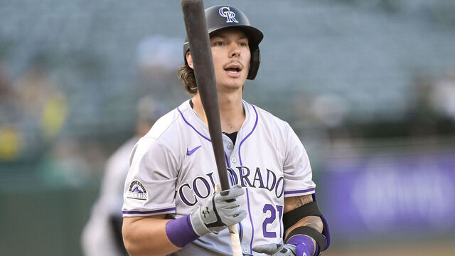 OAKLAND, CALIFORNIA - MAY 22: Jordan Beck #27 of the Colorado Rockies reacts after he was called out on strikes against the Oakland Athletics in the top of the first inning on May 22, 2024 at the Oakland Coliseum in Oakland, California.