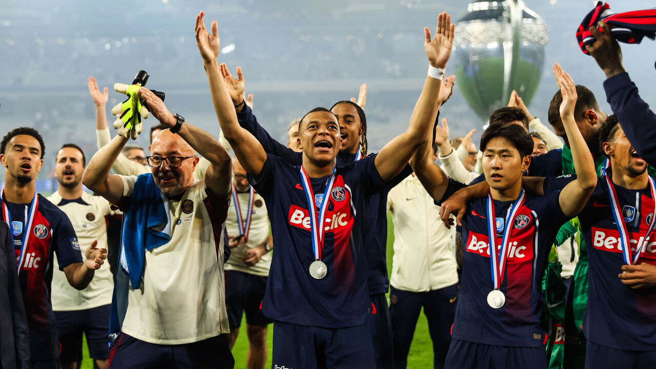 Mbappe Kylian of Paris Saint-Germain (PSG) is celebrating after winning the French Cup Final football match between Paris Saint-Germain and Olympique Lyonnais OL at Stade Pierre-Mauroy, in Villeneuve-d'Ascq, northern France, on May 25, 2024.