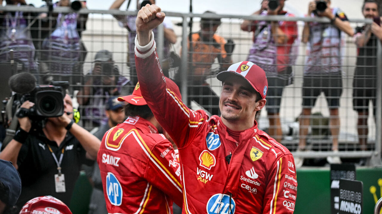 Ferrari's Monegasque driver Charles Leclerc celebrates after winning the Formula One Monaco Grand Prix on May 26, 2024 at the Circuit de Monaco.