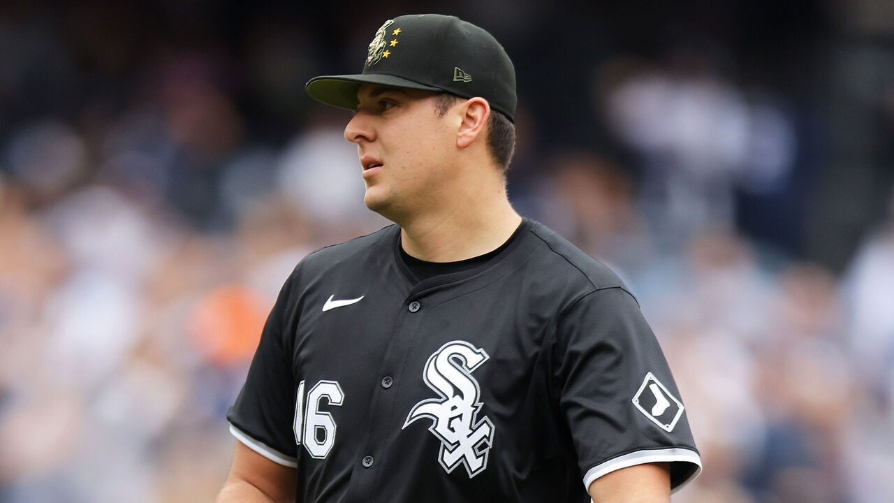 NEW YORK, NEW YORK - MAY 18: Brad Keller #46 of the Chicago White Sox reacts after giving up a third inning home run to Giancarlo Stanton #27 of the New York Yankees at Yankee Stadium on May 18, 2024 in New York City.