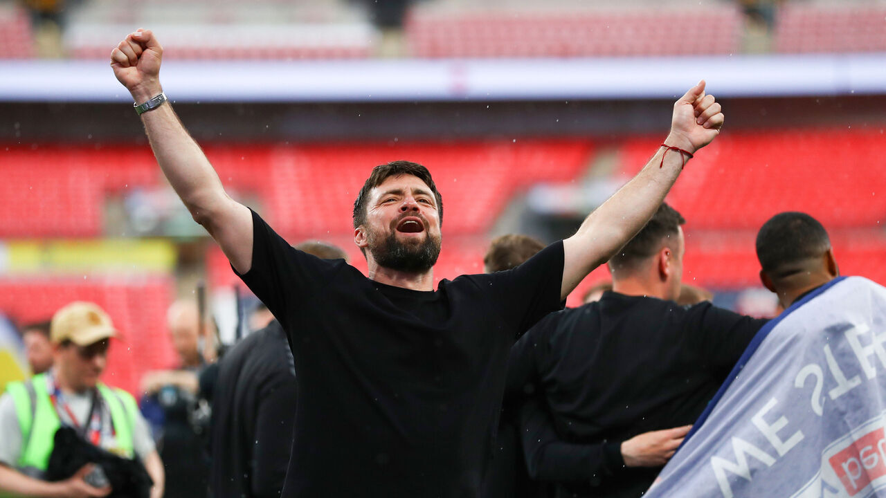 LONDON, ENGLAND - MAY 26: Southampton manager Russell Martin celebrates victory during the Sky Bet Championship Play Final match between Southampton and Leeds United at Wembley Stadium on May 26, 2024 in London, England.