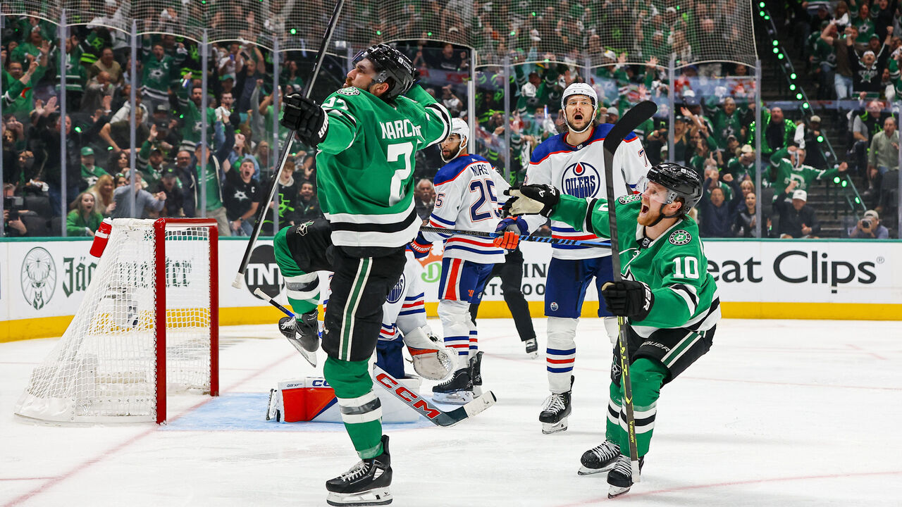 DALLAS, TX - MAY 25: Dallas Stars left wing Mason Marchment (27) scores a goal and celebrates with center Ty Dellandrea (10) during game 2 of the Western Conference Final between the Dallas Stars and the Edmonton Oilers on May 25, 2024 at American Airlines Center in Dallas, Texas.