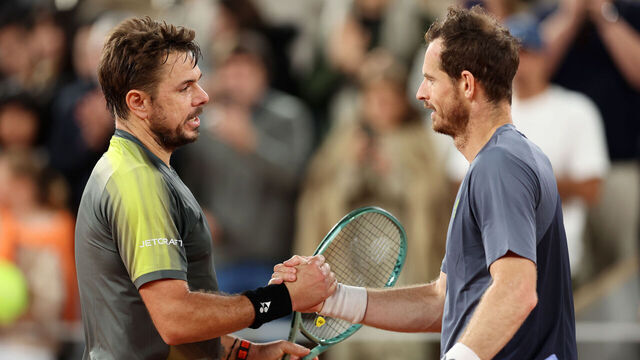 PARIS, FRANCE - MAY 26: Stan Wawrinka of Switzerland and Andy Murray of Great Britain embrace at the net after their Men's Singles First Round match on Day One of the 2024 French Open at Roland Garros on May 26, 2024 in Paris, France.
