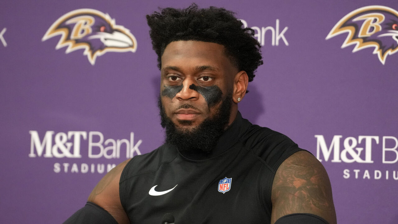 BALTIMORE, MARYLAND, JANUARY 20: Linebacker Patrick Queen of the Baltimore Ravens looks on during a press conference after the AFC Divisional Playoff game against the Houston Texans at M&T Bank Stadium on January 20, 2024 in Baltimore, Maryland. The Ravens defeated the Texans 34-10.