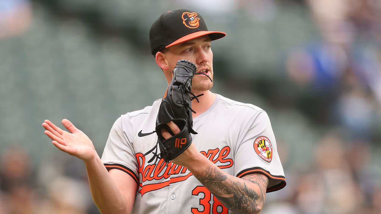 CHICAGO, ILLINOIS - MAY 26: Kyle Bradish #38 of the Baltimore Orioles reacts to a play by Gunnar Henderson #2 (not pictured) during the fifth inning against the Chicago White Sox at Guaranteed Rate Field on May 26, 2024 in Chicago, Illinois.