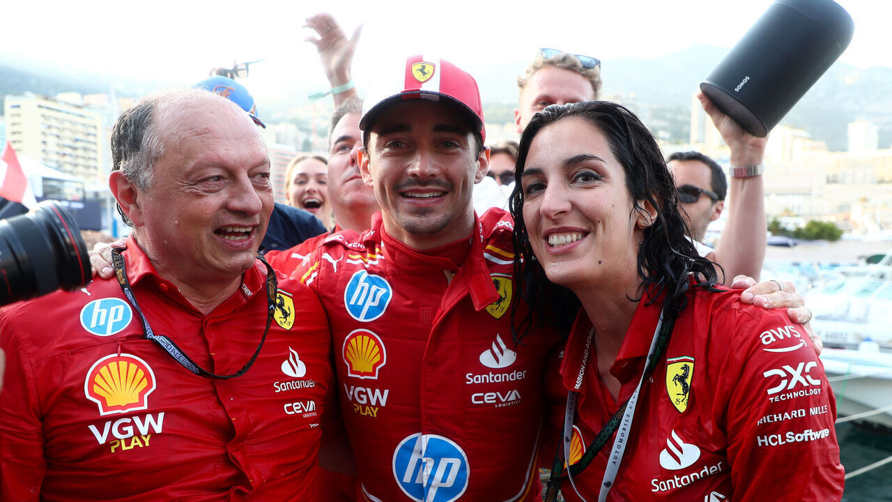 MONTE-CARLO, MONACO - MAY 26: Race winner Charles Leclerc of Monaco and Ferrari and Ferrari Team Principal Frederic Vasseur celebrate after the F1 Grand Prix of Monaco at Circuit de Monaco on May 26, 2024 in Monte-Carlo, Monaco.