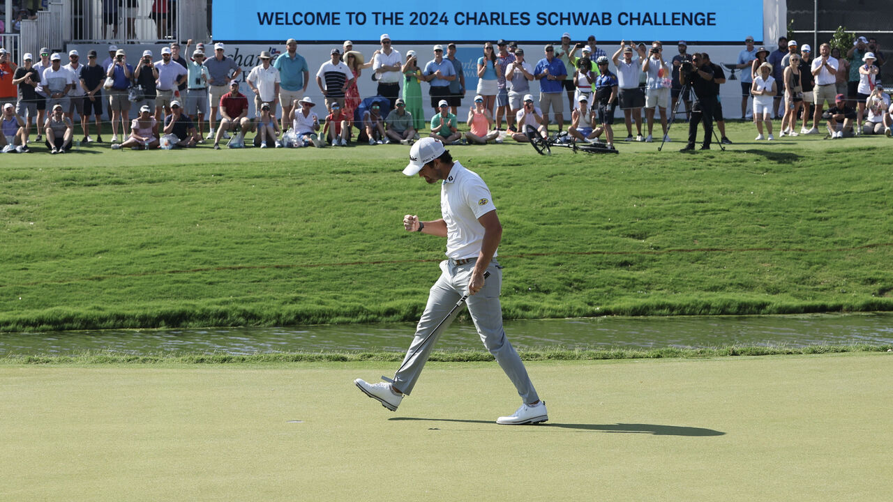 FORT WORTH, TEXAS - MAY 26: Davis Riley of the United States reacts to winning the Charles Schwab Challenge at Colonial Country Club on May 26, 2024 in Fort Worth, Texas.
