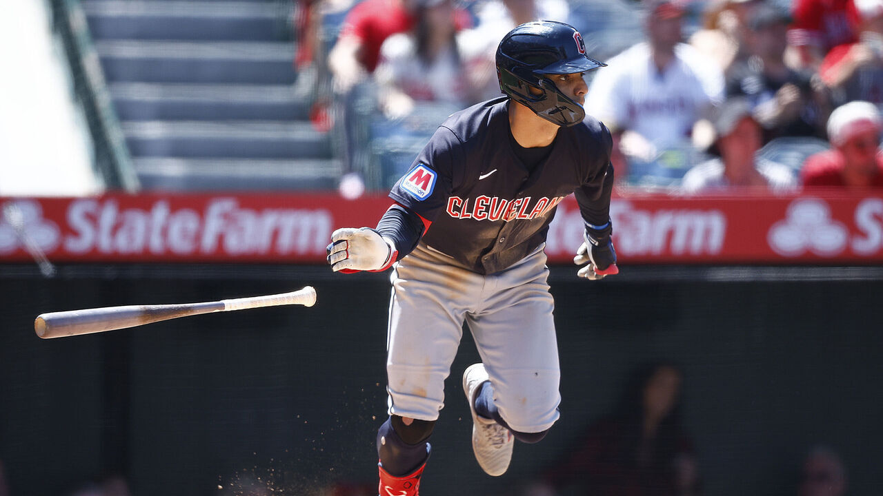 ANAHEIM, CALIFORNIA - MAY 26: Andrés Giménez #0 of the Cleveland Guardians hits a rbi single against the Los Angeles Angels in the sixth inning at Angel Stadium of Anaheim on May 26, 2024 in Anaheim, California.