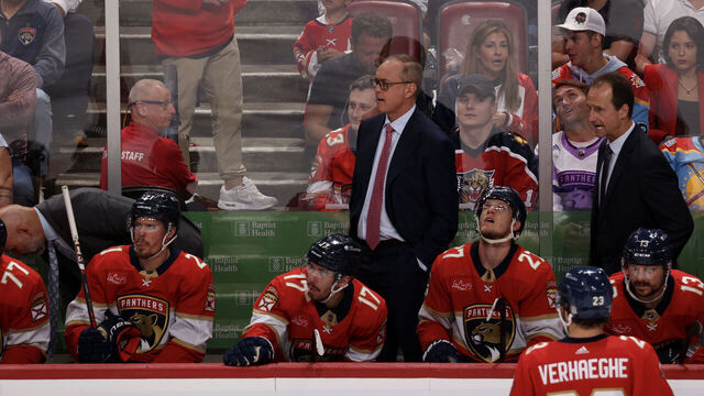 SUNRISE, FLORIDA - MAY 26: Head coach Paul Maurice of the Florida Panthers looks on against the New York Rangers during the second period in Game Three of the Eastern Conference Final of the 2024 Stanley Cup Playoffs at Amerant Bank Arena on May 26, 2024 in Sunrise, Florida.
