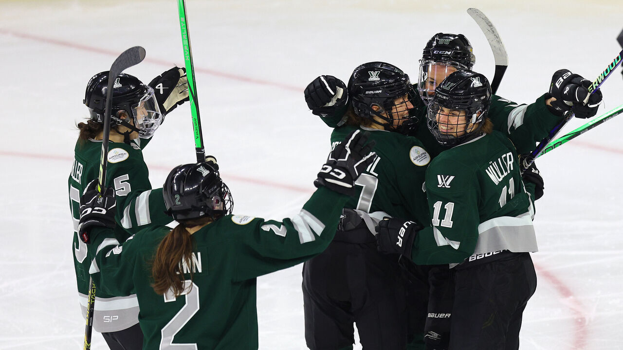 LOWELL, MA - MAY 19: Boston players celebrate a goal during game 1 of the PWHL Finals on May 19, 2024, at Tsongas Center in Lowell, MA.