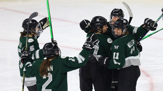 LOWELL, MA - MAY 19: Boston players celebrate a goal during game 1 of the PWHL Finals on May 19, 2024, at Tsongas Center in Lowell, MA.