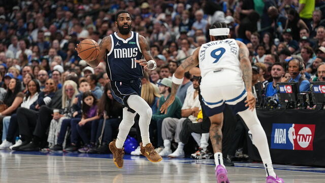 DALLAS, TX - MAY 26: Kyrie Irving #11 of the Dallas Mavericks handles the ball during the game against the Minnesota Timberwolves during Game 3 of the Western Conference Finals of the 2024 NBA Playoffs on May 26, 2024 at the American Airlines Center in Dallas, Texas. Mandatory Copyright Notice: Copyright 2024 NBAE