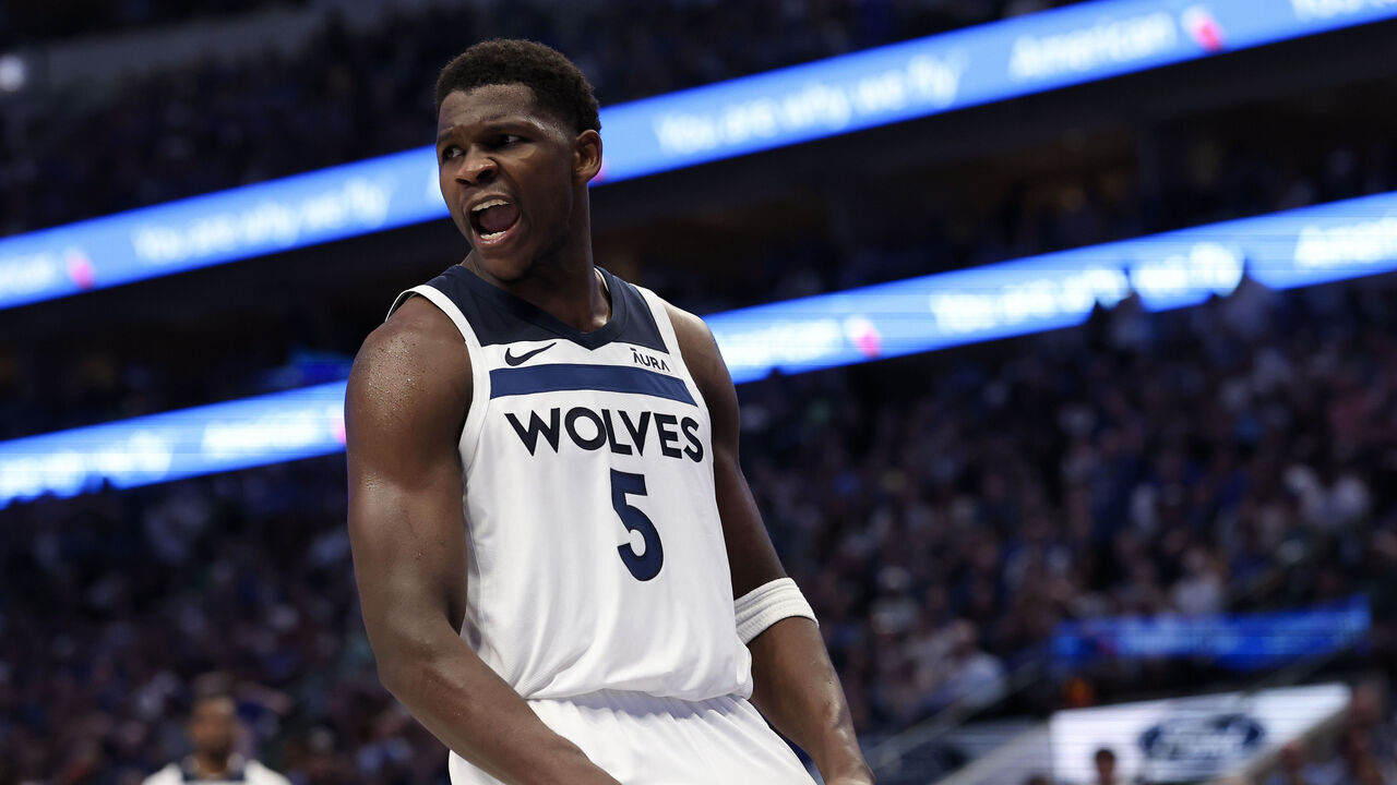 DALLAS, TEXAS - MAY 26: Anthony Edwards #5 of the Minnesota Timberwolves reacts after a dunk against the Dallas Mavericks during the third quarter in Game Three of the Western Conference Finals at American Airlines Center on May 26, 2024 in Dallas, Texas.