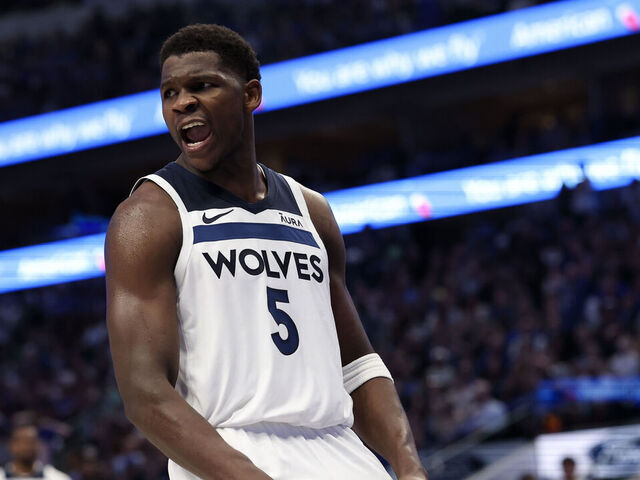 DALLAS, TEXAS - MAY 26: Anthony Edwards #5 of the Minnesota Timberwolves reacts after a dunk against the Dallas Mavericks during the third quarter in Game Three of the Western Conference Finals at American Airlines Center on May 26, 2024 in Dallas, Texas.