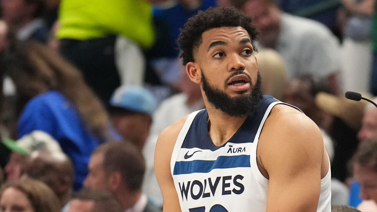 DALLAS, TX - MAY 26: Karl-Anthony Towns #32 of the Minnesota Timberwolves looks on during the game against the Dallas Mavericks during Game 3 of the Western Conference Finals of the 2024 NBA Playoffs on May 26, 2024 at the American Airlines Center in Dallas, Texas. Mandatory Copyright Notice: Copyright 2024 NBAE